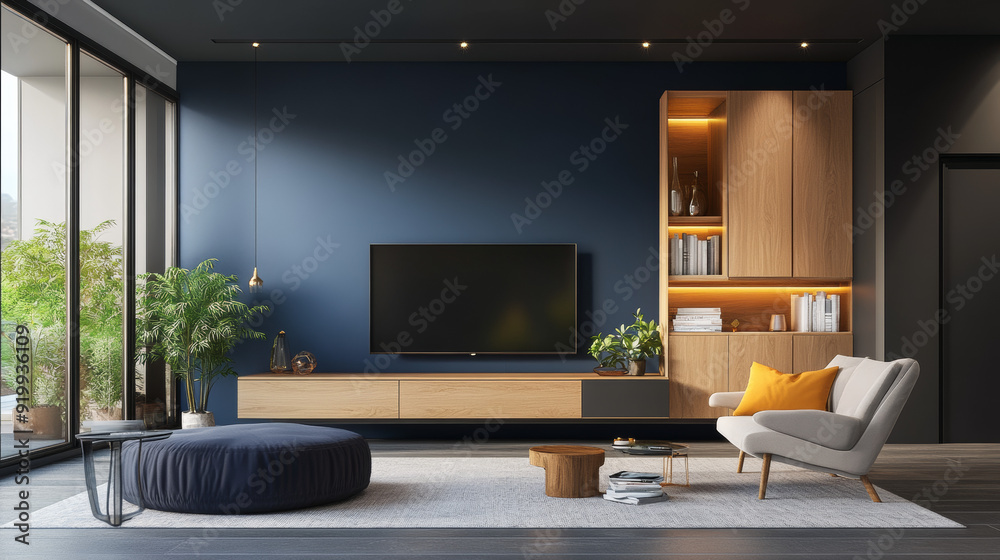 Modern living room with TV cabinet on dark blue wall, created with 3D rendering. Modern living room with TV cabinet on dark blue wall, created with 3D rendering.