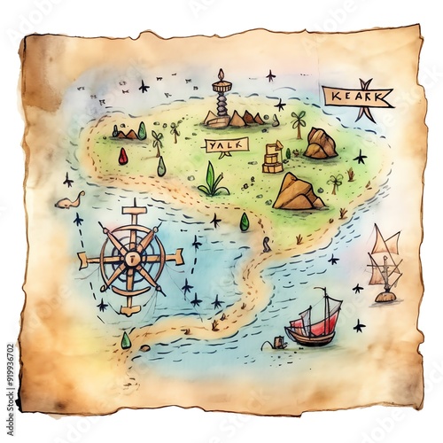 Marine pirates treasure map watercolor illustration, marine animals clipart