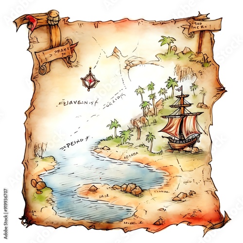 Marine pirates treasure map watercolor illustration, marine animals clipart