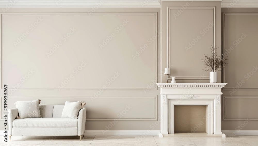 Fototapeta premium Elegant Living Room Interior with White Sofa and Fireplace