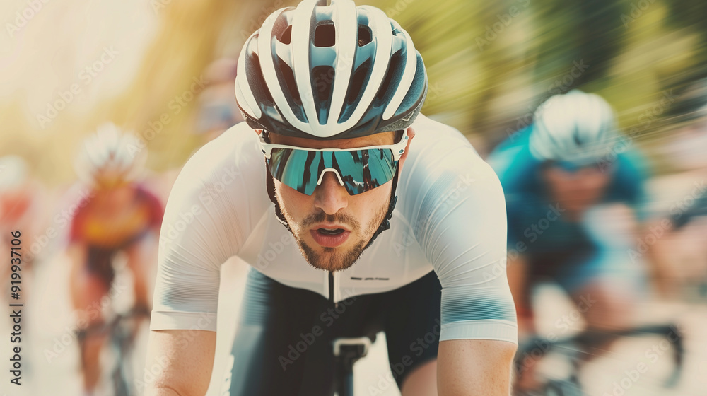 A professional male cyclist, equipped with sunglasses, a safety helmet, and a sport uniform, powers through a race event on a bright summer day, with blurred competitors in the bac A professional male cyclist, equipped with sunglasses, a safety helmet, and a sport uniform, powers through a race event on a bright summer day, with blurred competitors in the bac