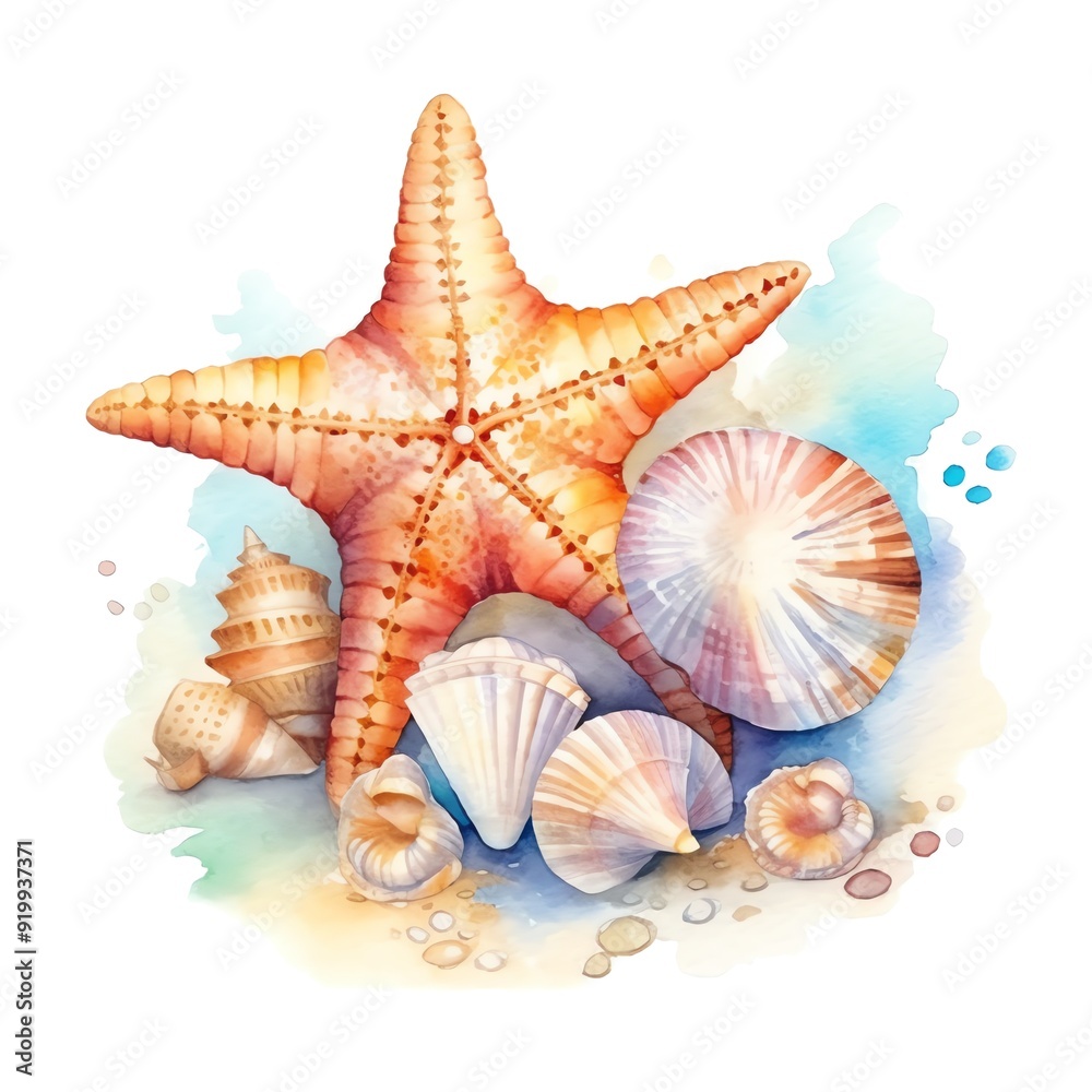 Marine star fish with sea shells and corals watercolor illustration, marine animals clipart Marine star fish with sea shells and corals watercolor illustration, marine animals clipart