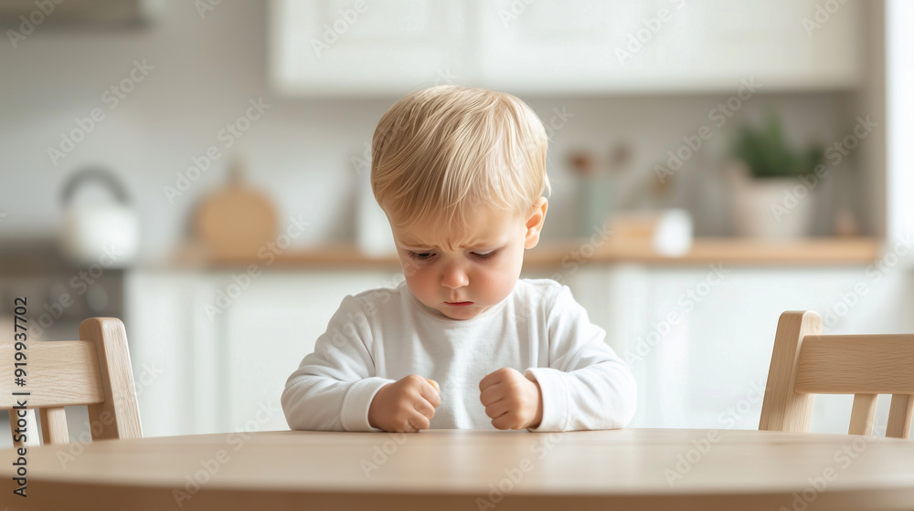 A frustrated toddler boy sits in the kitchen, angrily hitting the table with his fist. The image captures his tearful expression and the raw emotion of hunger and dissatisfaction, A frustrated toddler boy sits in the kitchen, angrily hitting the table with his fist. The image captures his tearful expression and the raw emotion of hunger and dissatisfaction,