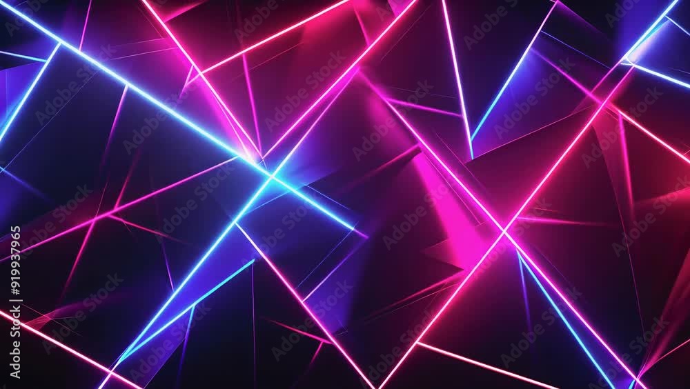 A vibrant geometric pattern of intersecting neon lights in pink and blue hues glows against a dark background. The illuminated lines create an abstract, dynamic visual scene reminiscent of futuristic