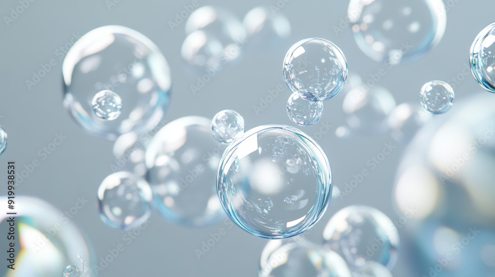 Transparent bubbles float in a 3D space. They collide and bounce off each other against a gray background. Transparent bubbles float in a 3D space. They collide and bounce off each other against a gray background.