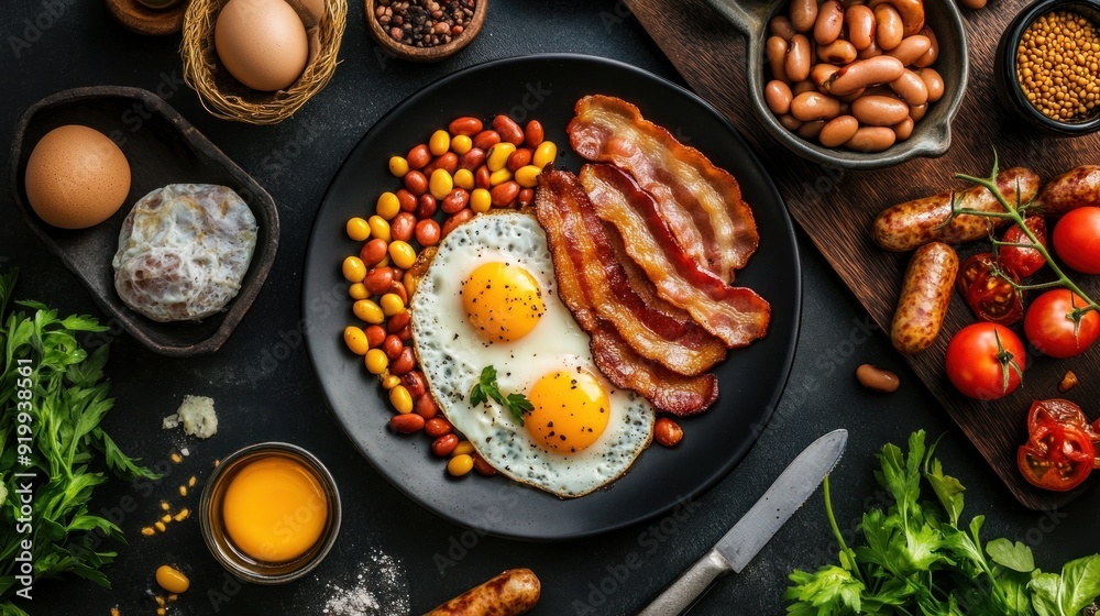 Breakfast with fried eggs, bacon, sausages, beans, tomatoes Breakfast with fried eggs, bacon, sausages, beans, tomatoes