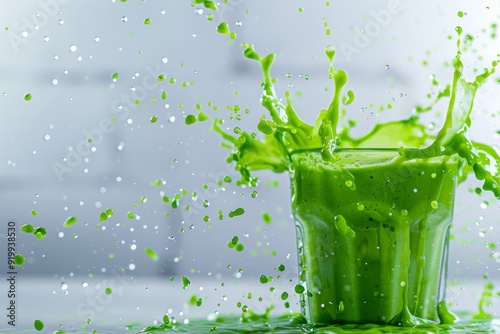 A captivating image of a vibrant green smoothie splash in midmotion highlights freshness and vitality, making it perfect for health and wellness themes that promote nutritious choices photo