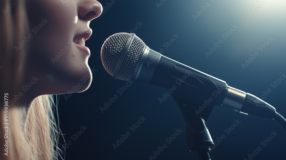 © forenna - Close-up of a beautiful young woman next to a microphone, showcasing the intensity and passion of a live singing performance. The image captures the essence of a female singer in a