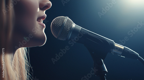Close-up of a beautiful young woman next to a microphone, showcasing the intensity and passion of a live singing performance. The image captures the essence of a female singer in a