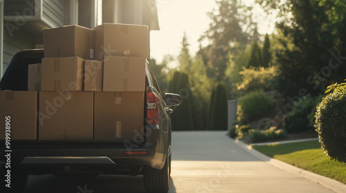 Moving out setup with an SUV filled with boxes and household items, situated in the driveway of an upscale house. This visual underscores the efficiency of relocation and delivery