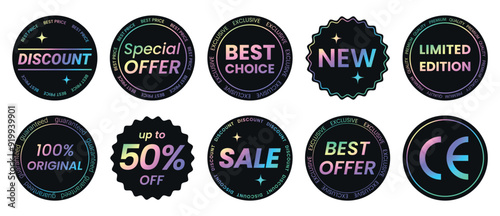 Set of color neon stickers, label with holographic effect. Isolated Shiny rainbow emblems Limited Edition, New, 50% off, Best Choice, offer, Sale, 100% original, CE. Vector illustration EPS10