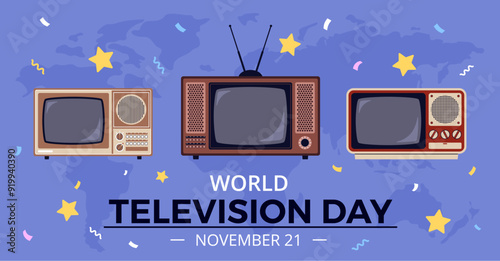 World television day. Holiday card with retro tellys, vintage equipment, november 21, worldwide video broadcasting, banner, nostalgia technology, entertainment media, nowaday vector concept