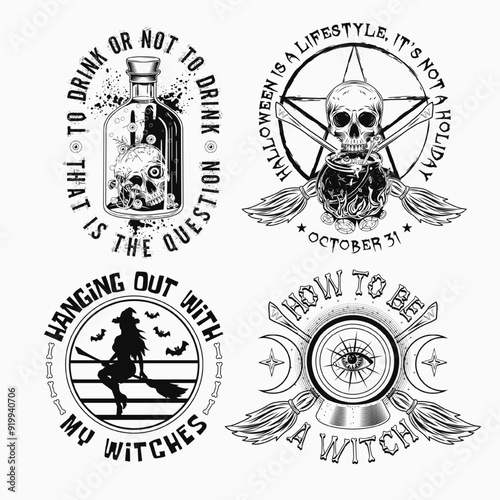 Labels with cauldron, skull, bottle with potion, magic ball, criss crossed brooms, pentagram sign, magic ball, wiccan signs, text. Black and white witchy illustrations on white in vintage style