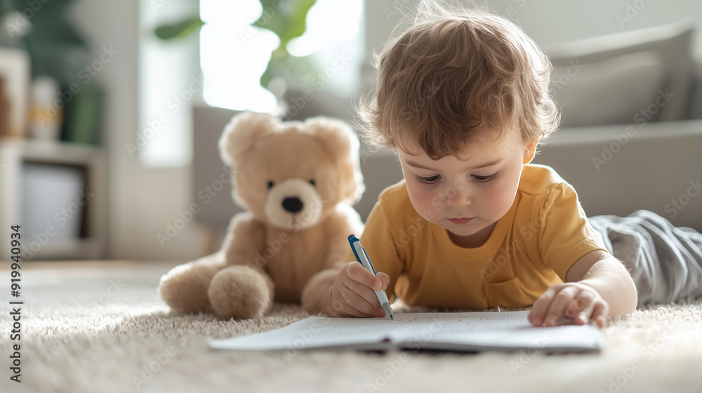 Adorable toddler boy lying on the living room floor, focused on his coloring book. This scene emphasizes the importance of early childhood learning and the joy of discovering new t Adorable toddler boy lying on the living room floor, focused on his coloring book. This scene emphasizes the importance of early childhood learning and the joy of discovering new t