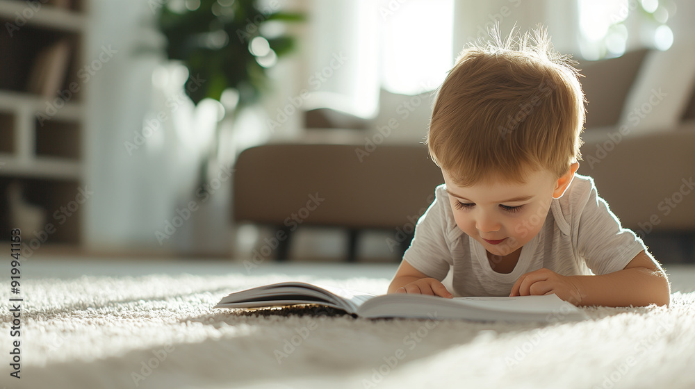 Closeup of a curious toddler boy lying on the floor of a cozy living room, intently looking at a coloring book. The image captures the early stages of education and knowledge growt Closeup of a curious toddler boy lying on the floor of a cozy living room, intently looking at a coloring book. The image captures the early stages of education and knowledge growt