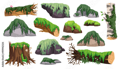 Stumps and logs in moss. Tree trunks and rocks overgrown with creeping rainforest lichens, game natural woodland elements, dense forest plants, tidy vector cartoon isolated set