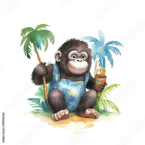 Safari Monkey watercolor illustration, safari animals clipart