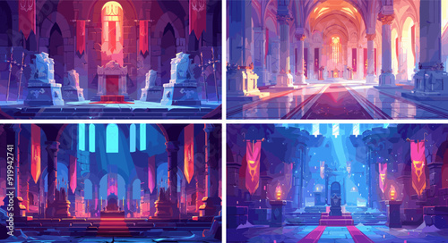 Fortress throne room cartoon vector scenes. Stone barriers mansion announcers tapestries pillars monarch sovereign medieval grand hall regal grandeur fantasy game prop castle interior