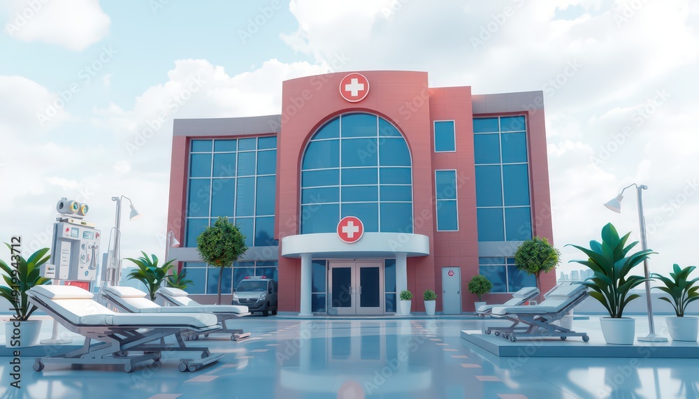 Naklejka premium Modern Hospital Building with Ambulances and Medical Equipment.