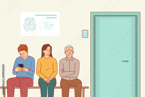 Queue at doctor office. People sitting, waiting for reception, patients in hospital, medical facility visit, sitting in row, corridor with seats cartoon flat style isolated vector concept
