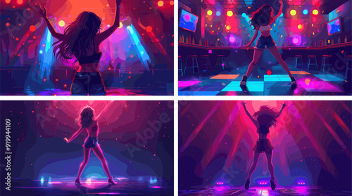 Girl dancer cartoon vector concepts. Raised hand active pose body woman long hair character, counter disco bar night club glowing flashes interior illustrations