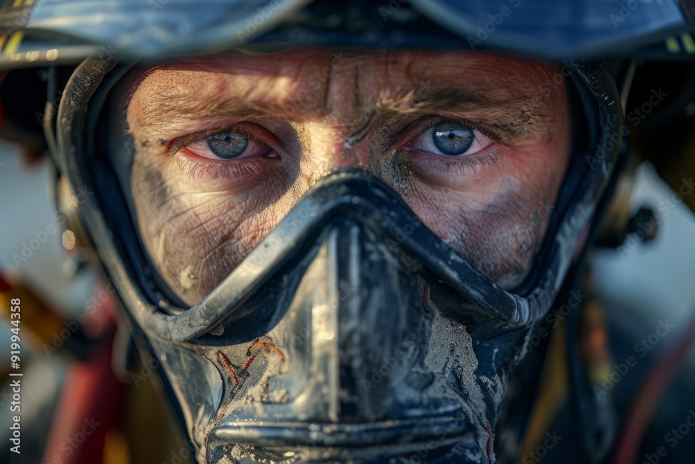 Close-up of firefighter's face wearing a protective mask and helmet. Macro shot. Close-up of firefighter's face wearing a protective mask and helmet. Macro shot.
