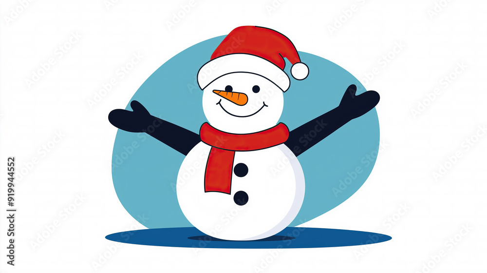 A joyful snowman wearing a red hat and scarf greets the winter season with open arms, surrounded by holiday cheer and gifts.