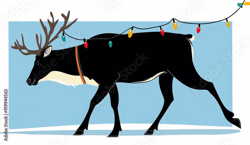 A reindeer walks merrily with colorful Christmas lights draped over its antlers, capturing the joyous spirit of winter festivities. photo