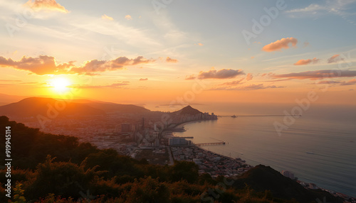 Panoramic view coastal city under picturesque golden sunset. Orange sundown isolated with white highlights, png photo