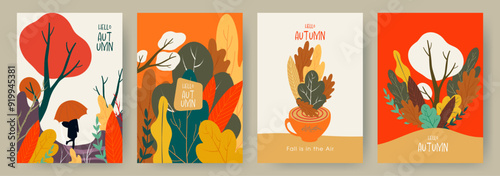 Set of modern art style abstract autumn poster, cover, card. Autumn design with beautiful leaves, tea and autumn landscape. Fall template for advertising, sales, web, social media.