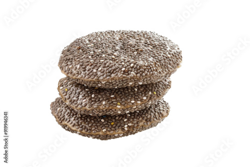 three cookies stacked on top separated from white and transparent background