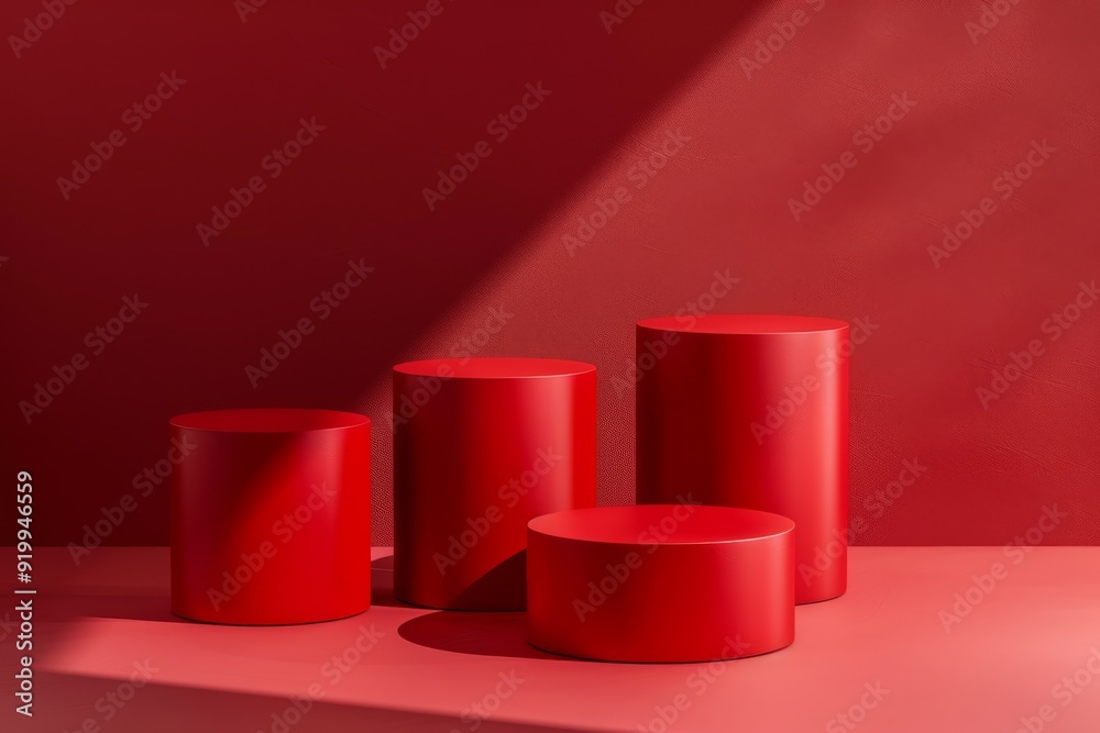 This impactful composition features vibrant red cylindrical podiums against a matching backdrop, creating an inspiring space for showcasing products or artistic displays that captivate viewers This impactful composition features vibrant red cylindrical podiums against a matching backdrop, creating an inspiring space for showcasing products or artistic displays that captivate viewers