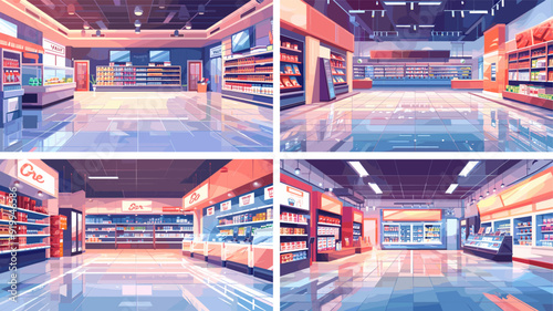 Grocery store cartoon vector scenes. Cereals meat seafood dairy beverages provisions sweets items racks shelves containers variety market empty interior artworks