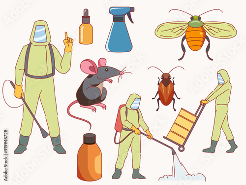 Pest control. Extermination of rodents and insects, people in special suits with sprinklers, poisons and chemicals, professional disinfectors, cartoon flat style isolated vector set