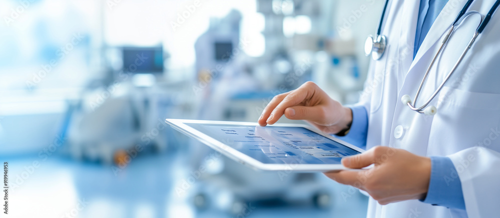 Obraz premium Healthcare professional interacting with an electronic medical record, on a digital tablet, showing a comprehensive overview of a patientâs health data, the background includes adv