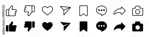 Social media icon set. Linear and silhouette style.