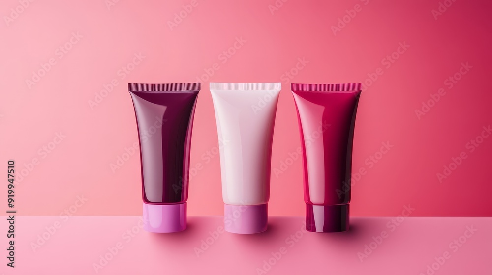 Three elegant face care products displayed against a warm pink background in a romanticized setting Three elegant face care products displayed against a warm pink background in a romanticized setting