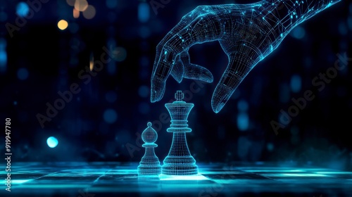 A digital chessboard with holographic pieces symbolizing AI in business strategy.