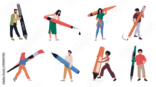 People hold big pen. Tiny men and women write and draw, office characters, pens, pencils and brushes, copywriters and authors, boy and girl with stationery, cartoon flat nowaday vector set