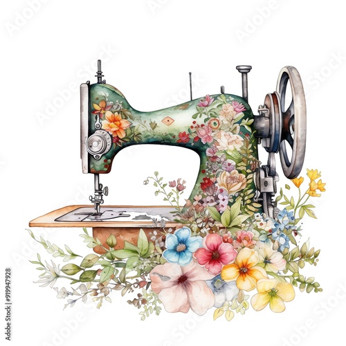 Spring floral vintage cottagecore sewing machine watercolor illustration, spring clipart