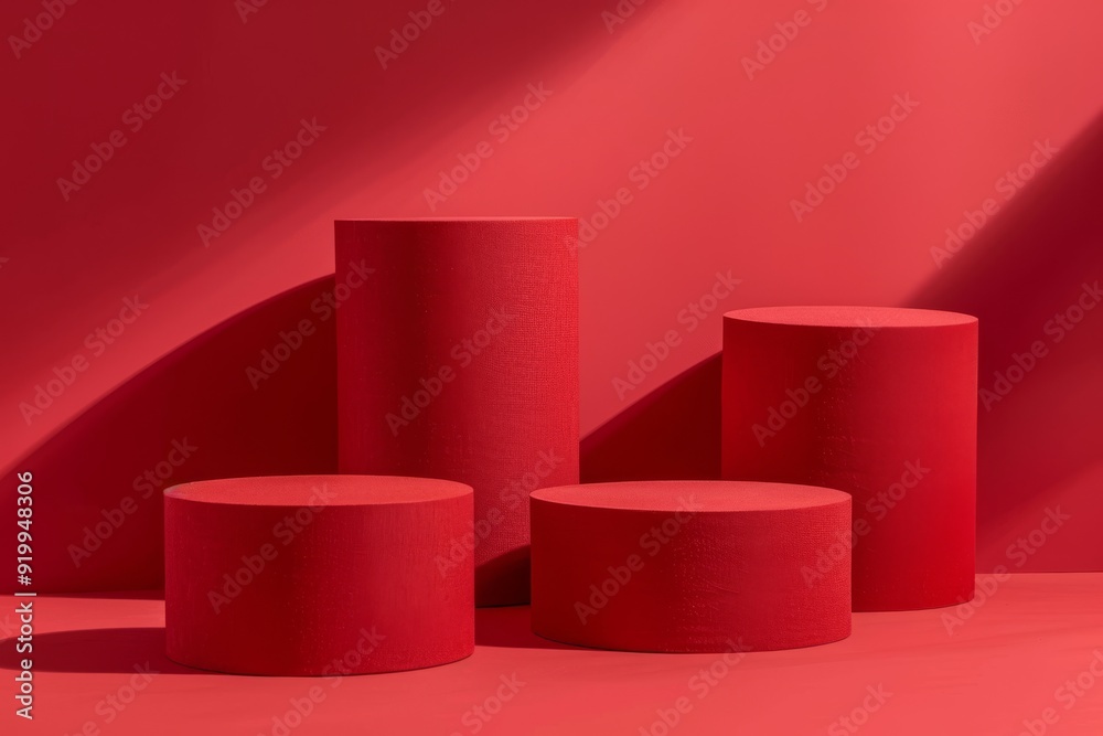 An eyecatching and visually stunning arrangement of bold red cylindrical podiums creates a contemporary display featuring dramatic shadows along with a vibrant and striking color palette An eyecatching and visually stunning arrangement of bold red cylindrical podiums creates a contemporary display featuring dramatic shadows along with a vibrant and striking color palette
