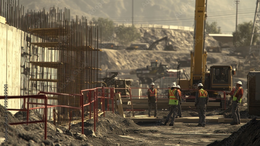 Generate a photo realistic image of workers deploying safety equipment such as guardrails, safety nets, and fall protection systems at a construction site; ensure the image is of high resolution Generate a photo realistic image of workers deploying safety equipment such as guardrails, safety nets, and fall protection systems at a construction site; ensure the image is of high resolution