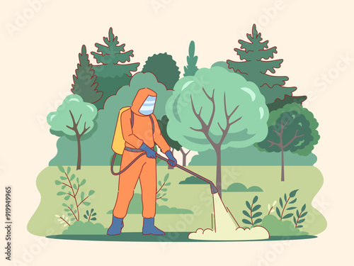 Exterminate pests in park. Cleaning city squares from parasites and insects, specialist in protective suit sprays chemicals, worker with insecticidal equipment cartoon flat vector concept