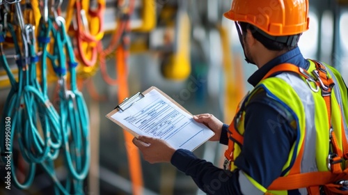 Generate a photo realistic image of a technician inspecting safety equipment such as harnesses and helmets, with detailed inspection tools and safety checklist in han photo