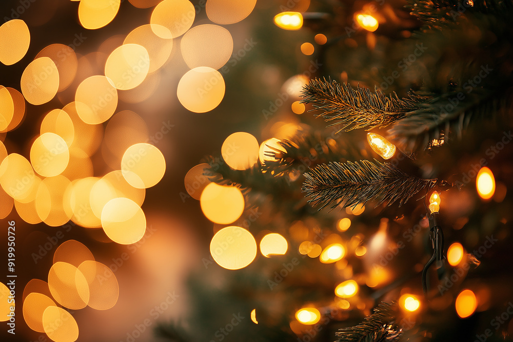Close-up of Christmas lights on a pine tree branch, creating a cozy and festive holiday mood with warm golden tones. Close-up of Christmas lights on a pine tree branch, creating a cozy and festive holiday mood with warm golden tones.