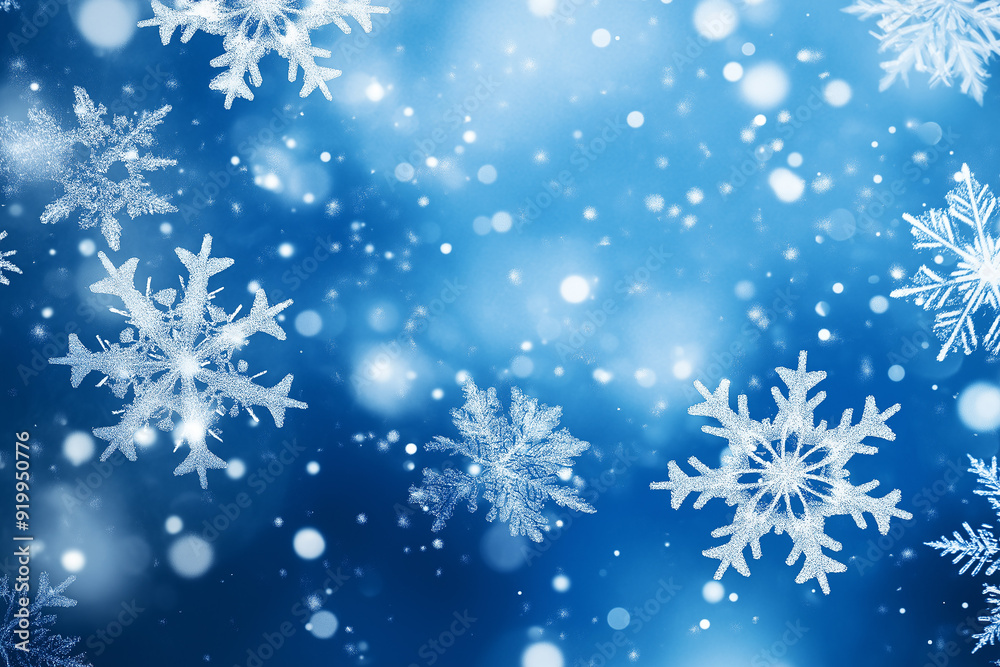 Frosty white snowflakes gently floating against a soft blue background with a bokeh effect, evoking a serene winter atmosphere. Frosty white snowflakes gently floating against a soft blue background with a bokeh effect, evoking a serene winter atmosphere.