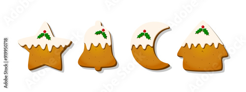 Christmas Gingerbread Cookie. Set of winter sweet glazed biscuits in the form of different characters and holiday items isolated on white background. Cute Cartoon vector illustration