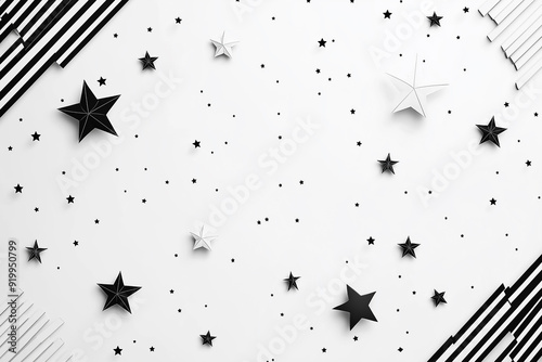 Minimalistic black and white stars scattered across a clean white background, creating a stylish and modern festive concept.