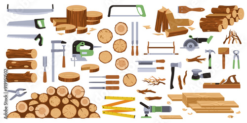 Cartoon carpentry tools and wooden materials. Trees trunks, planks and logs, jigsaws, saws, planes and grinders, timber raw, nature forest construction, isolated on white tidy vector set