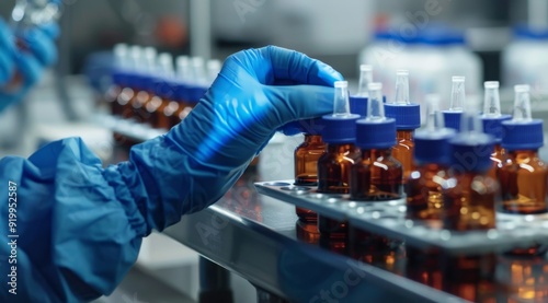 A medical professional manages vaccine vials on a hightech assembly line, highlighting vital quality control in a clean, sterile setting to ensure safety and efficacy of medicine